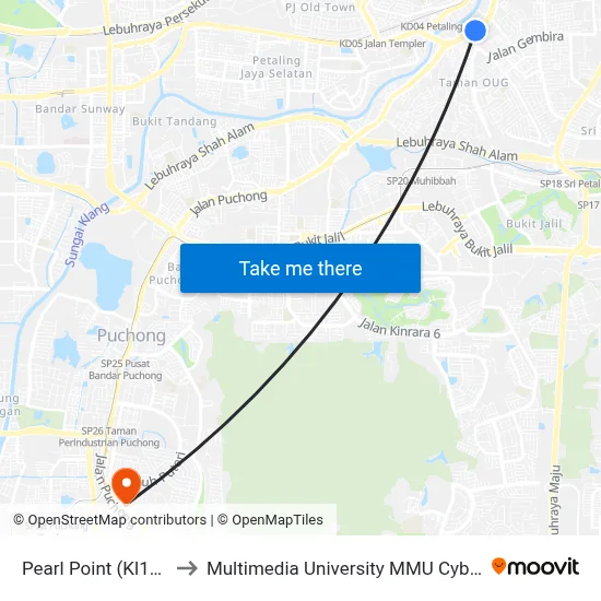 Pearl Point (Kl1269) to Multimedia University MMU Cyberjaya map
