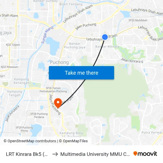 LRT Kinrara Bk5 (Sj360) to Multimedia University MMU Cyberjaya map