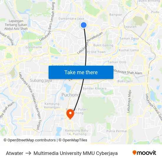 Atwater to Multimedia University MMU Cyberjaya map