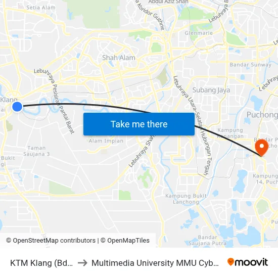 KTM Klang (Bd28) to Multimedia University MMU Cyberjaya map
