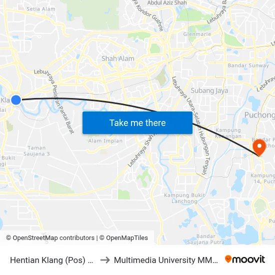 Hentian Klang (Pos) B (Bd664) to Multimedia University MMU Cyberjaya map