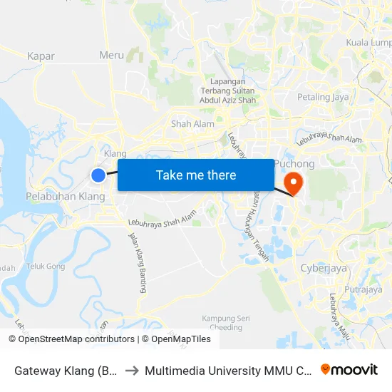 Gateway Klang (Bd352) to Multimedia University MMU Cyberjaya map