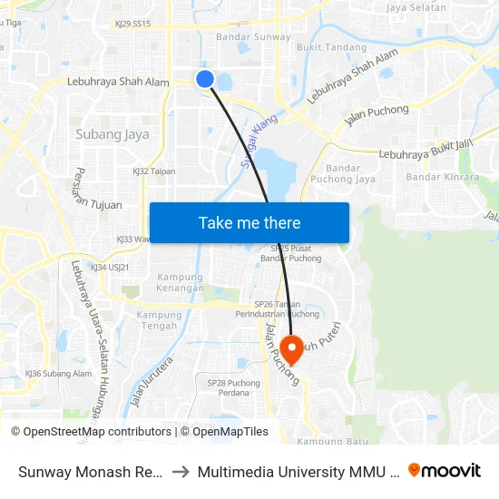Sunway Monash Residence to Multimedia University MMU Cyberjaya map