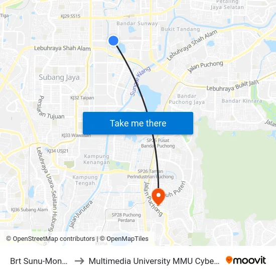 Brt Sunu-Monash to Multimedia University MMU Cyberjaya map
