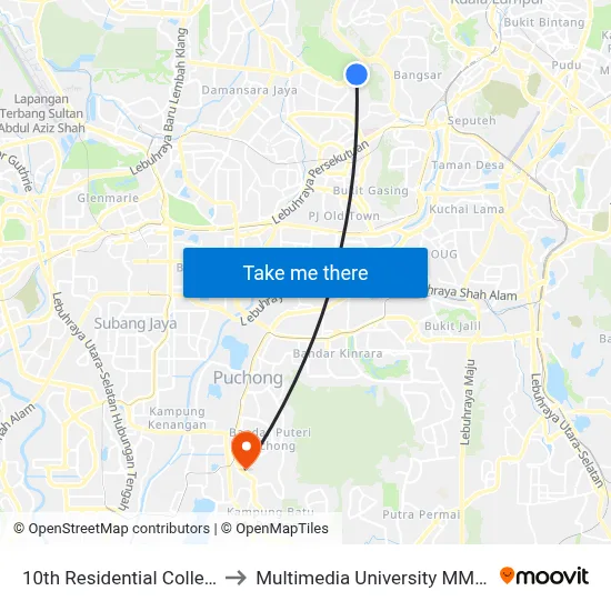 10th Residential College (Kk10) to Multimedia University MMU Cyberjaya map