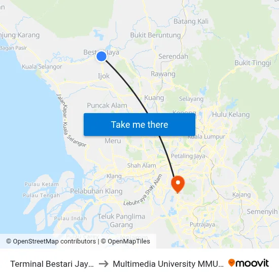 Terminal Bestari Jaya (Ks62) to Multimedia University MMU Cyberjaya map