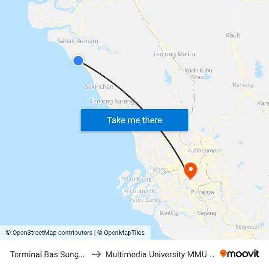 Terminal Bas Sungai Besar to Multimedia University MMU Cyberjaya map
