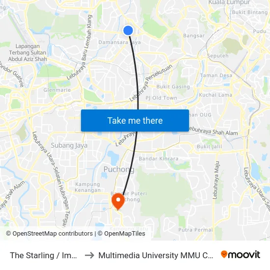 The Starling / Imazium to Multimedia University MMU Cyberjaya map