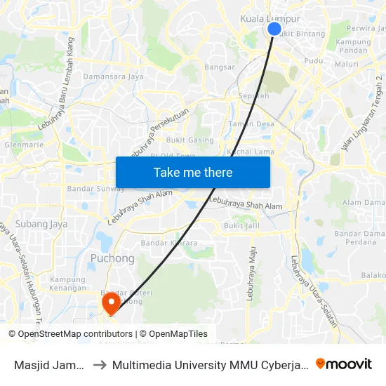 Masjid Jamek to Multimedia University MMU Cyberjaya map