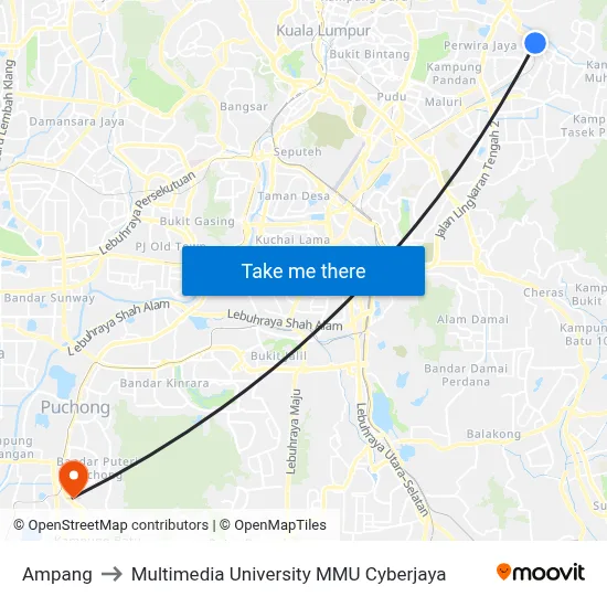 Ampang to Multimedia University MMU Cyberjaya map