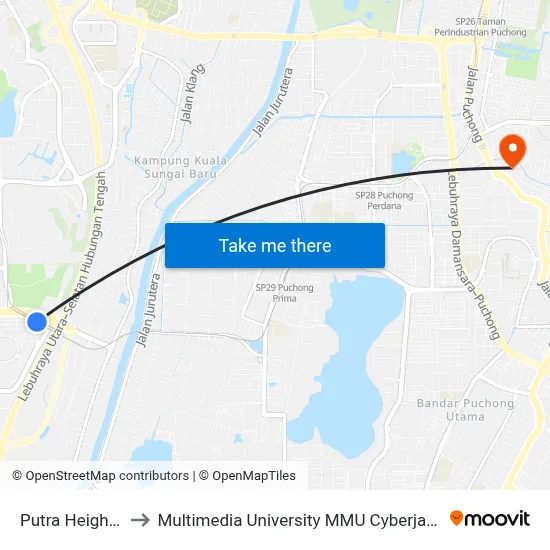 Putra Heights to Multimedia University MMU Cyberjaya map