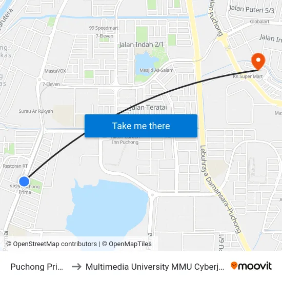 Puchong Prima to Multimedia University MMU Cyberjaya map