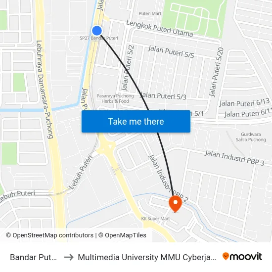 Bandar Puteri to Multimedia University MMU Cyberjaya map