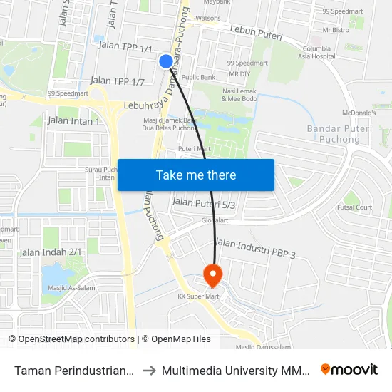 Taman Perindustrian Puchong to Multimedia University MMU Cyberjaya map