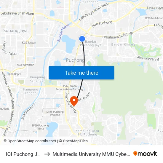 IOI Puchong Jaya to Multimedia University MMU Cyberjaya map