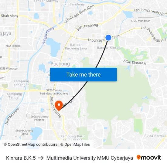 Kinrara B.K.5 to Multimedia University MMU Cyberjaya map