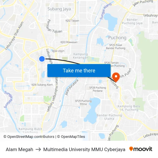 Alam Megah to Multimedia University MMU Cyberjaya map
