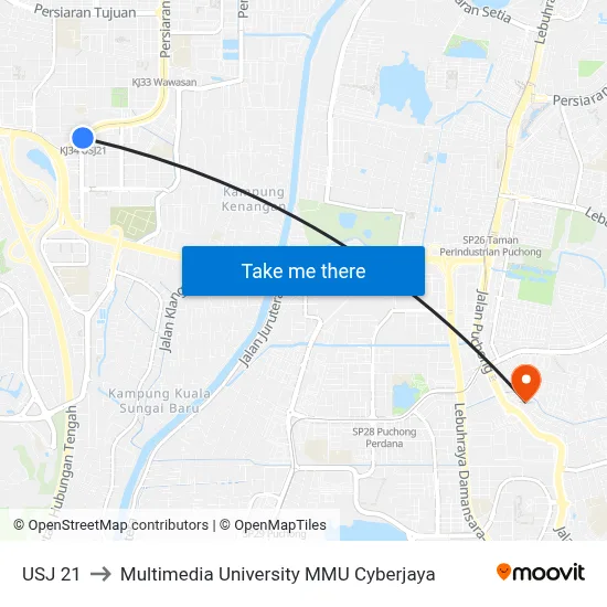 USJ 21 to Multimedia University MMU Cyberjaya map