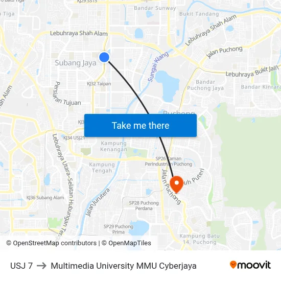 USJ 7 to Multimedia University MMU Cyberjaya map