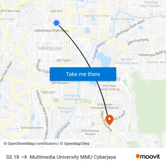 SS 18 to Multimedia University MMU Cyberjaya map
