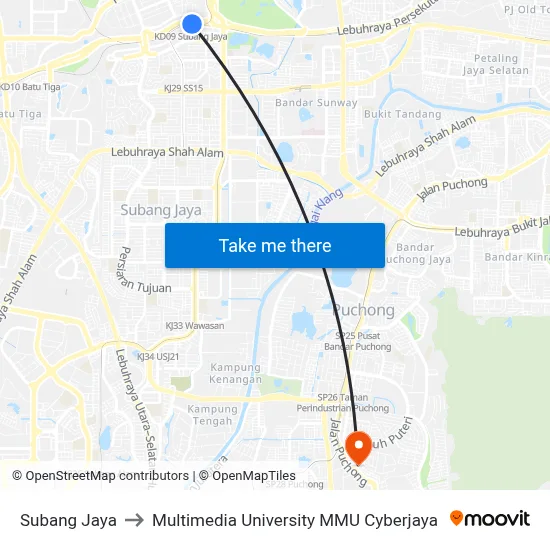 Subang Jaya to Multimedia University MMU Cyberjaya map