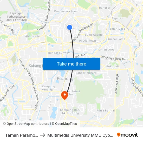 Taman Paramount to Multimedia University MMU Cyberjaya map