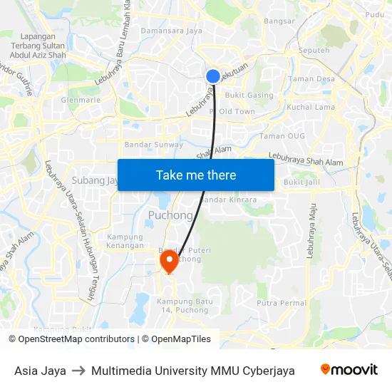 Asia Jaya to Multimedia University MMU Cyberjaya map