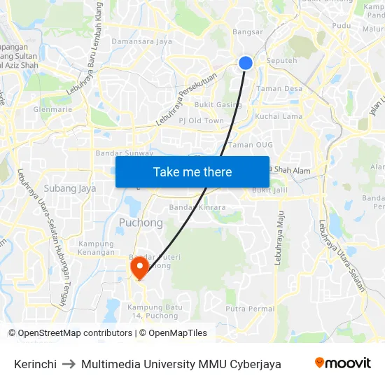 Kerinchi to Multimedia University MMU Cyberjaya map