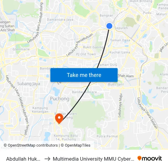 Abdullah Hukum to Multimedia University MMU Cyberjaya map