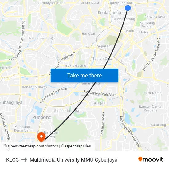 KLCC to Multimedia University MMU Cyberjaya map