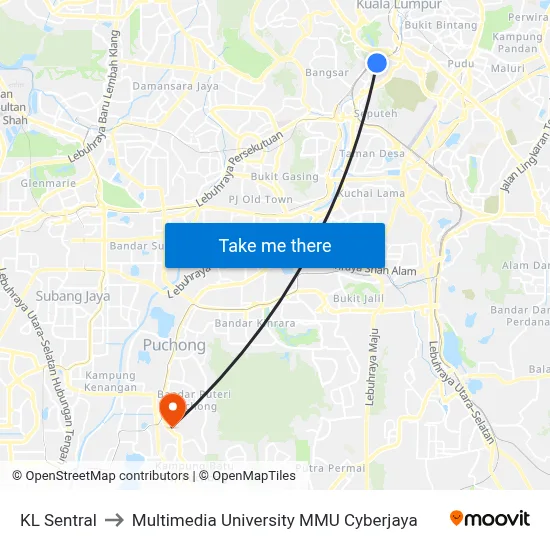 KL Sentral to Multimedia University MMU Cyberjaya map
