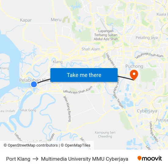Port Klang to Multimedia University MMU Cyberjaya map