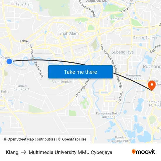 Klang to Multimedia University MMU Cyberjaya map