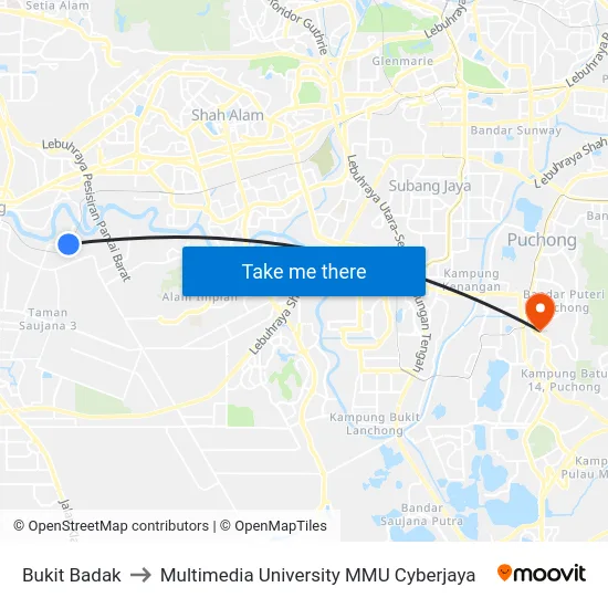Bukit Badak to Multimedia University MMU Cyberjaya map