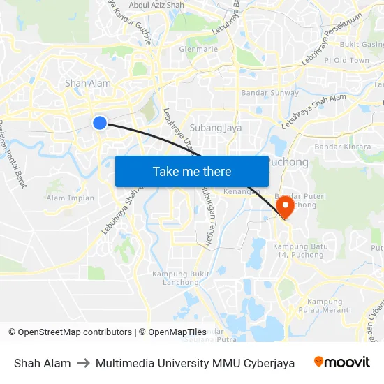 Shah Alam to Multimedia University MMU Cyberjaya map
