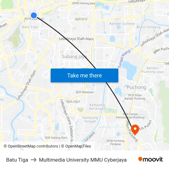 Batu Tiga to Multimedia University MMU Cyberjaya map