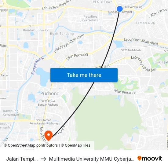 Jalan Templer to Multimedia University MMU Cyberjaya map