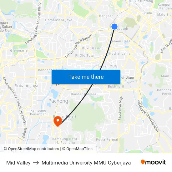 Mid Valley to Multimedia University MMU Cyberjaya map