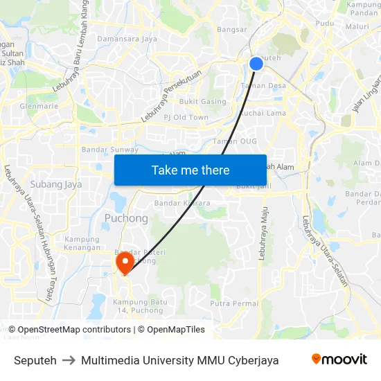 Seputeh to Multimedia University MMU Cyberjaya map