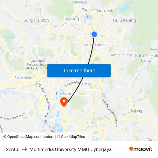 Sentul to Multimedia University MMU Cyberjaya map