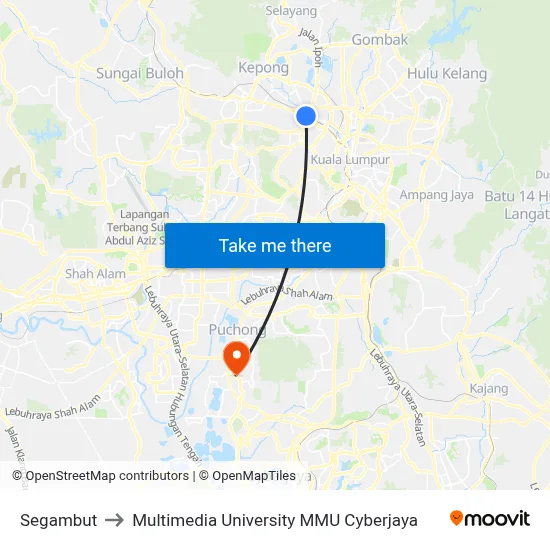 Segambut to Multimedia University MMU Cyberjaya map