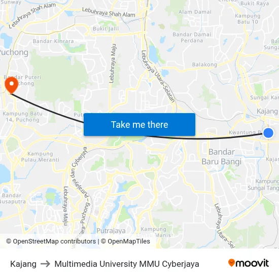 Kajang to Multimedia University MMU Cyberjaya map