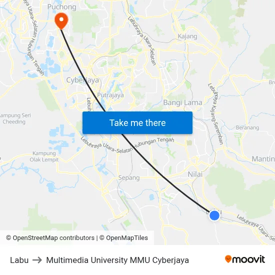 Labu to Multimedia University MMU Cyberjaya map