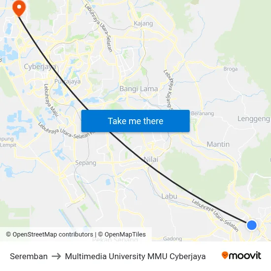 Seremban to Multimedia University MMU Cyberjaya map