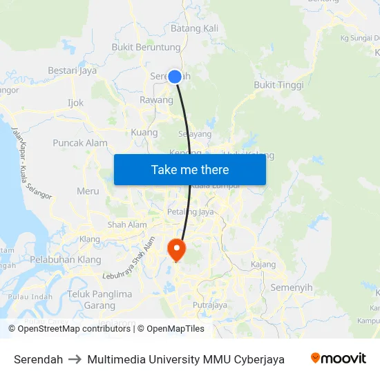 Serendah to Multimedia University MMU Cyberjaya map