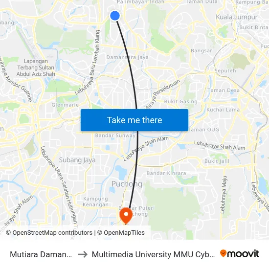 Mutiara Damansara to Multimedia University MMU Cyberjaya map