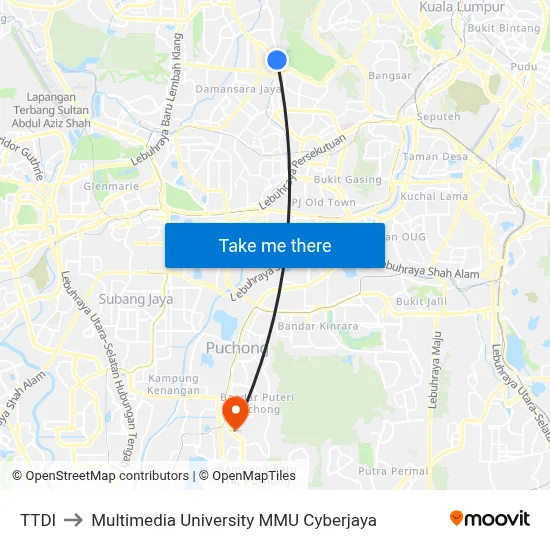 TTDI to Multimedia University MMU Cyberjaya map