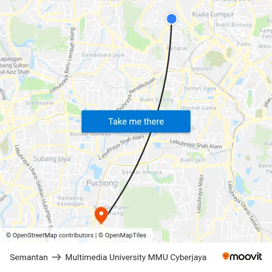 Semantan to Multimedia University MMU Cyberjaya map