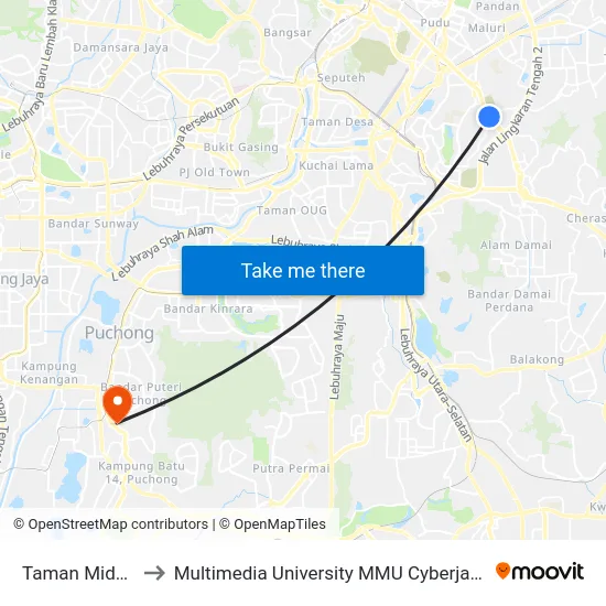 Taman Midah to Multimedia University MMU Cyberjaya map
