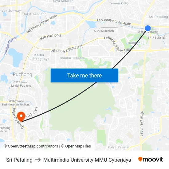 Sri Petaling to Multimedia University MMU Cyberjaya map